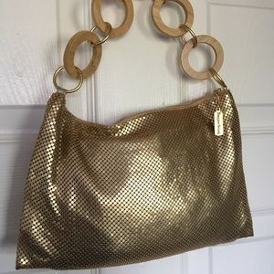 Whiting Davis Gold Mesh Purse 10x7 Wooden Handle